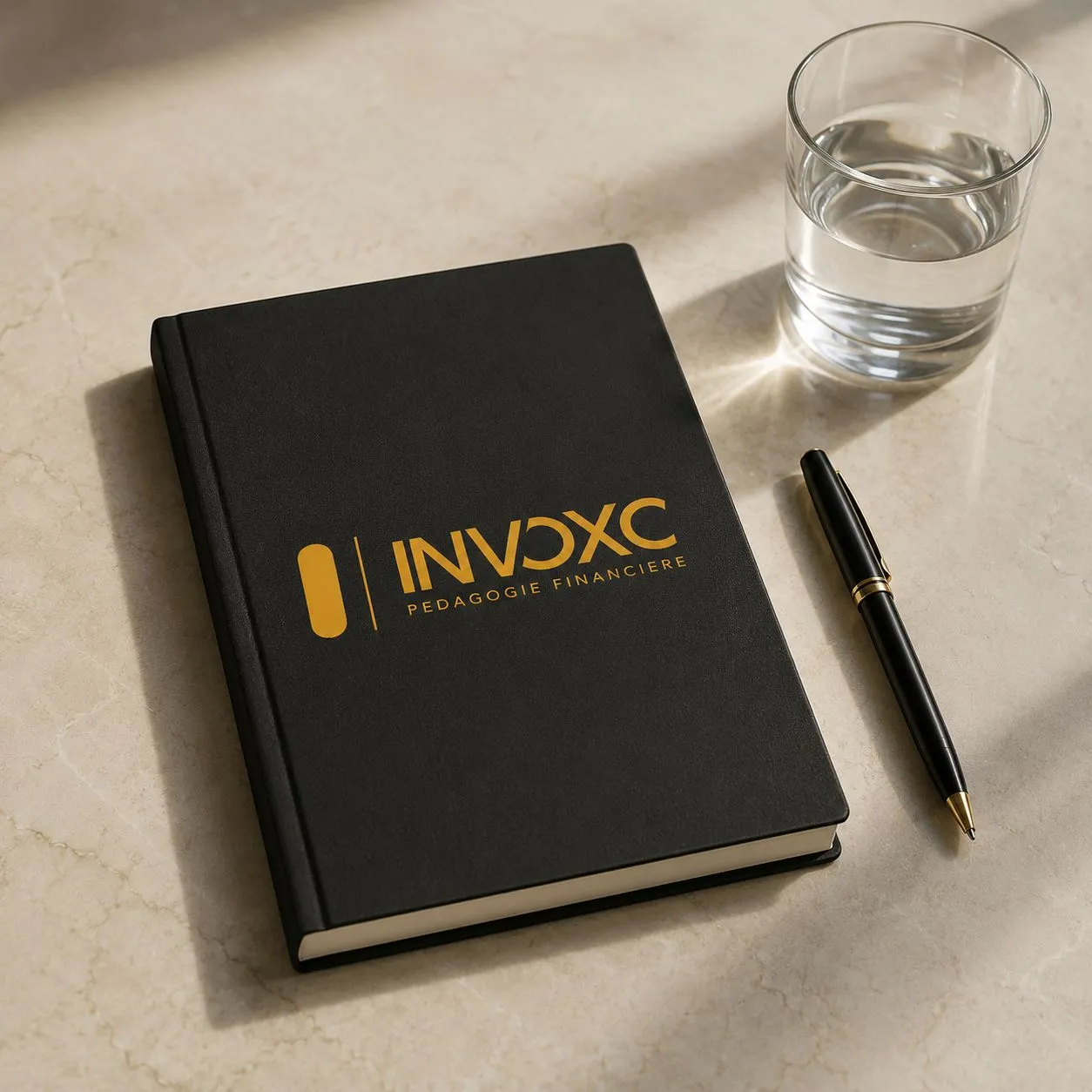 Un carnet, un stylo et un café sur une table en bois